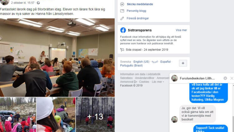 Skärmklipp från Furulundsskolans Facebooksida. Visa barn i klassrum, barn i skog och en meddelandekonveration.
